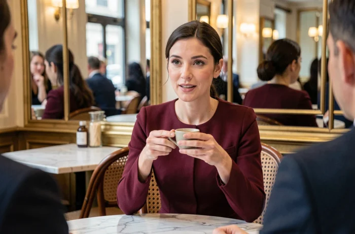 Femme journaliste française accordant une interview dans un café parisien chic avec décor en marbre et miroirs anciens