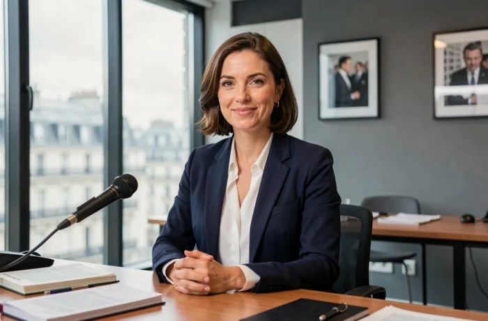 Journaliste française professionnelle assise à un bureau éditorial dans une salle de rédaction parisienne moderne