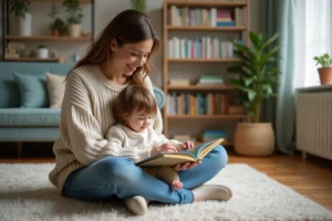 Maman et enfant lisant un livre dans un salon chaleureux