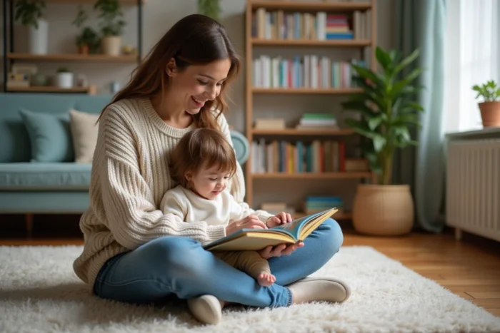 Maman et enfant lisant un livre dans un salon chaleureux