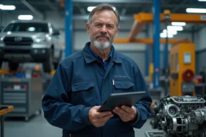 Mécanicien professionnel consultant une tablette dans un atelier automobile moderne avec des pièces moteur sur un établi en acier