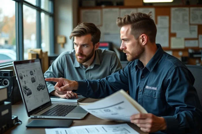 Deux mécaniciens discutant de nouvelles tendances techniques devant un ordinateur portable dans un bureau d'atelier automobile