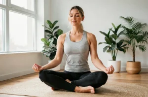 Femme pratiquant la méditation dans un appartement minimaliste pour préserver sa santé mentale et son bien-être au quotidien