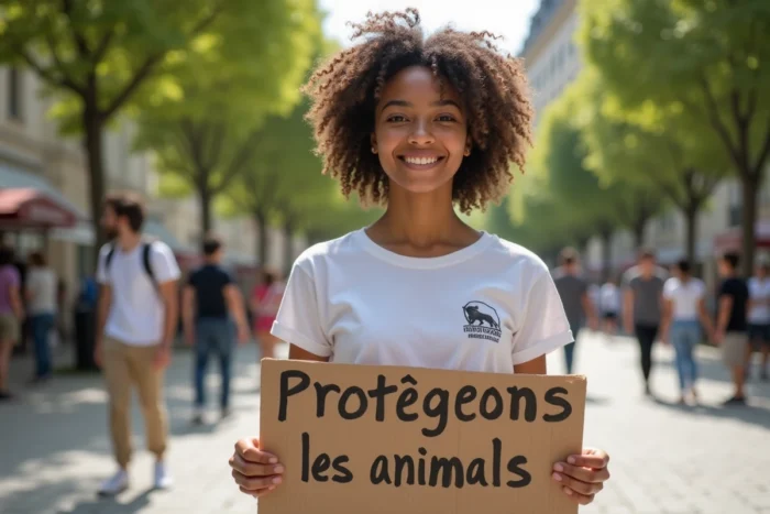 Jeune femme tenant une pancarte lors d'un rassemblement pour les droits des animaux en milieu urbain