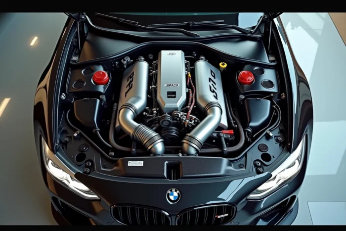 Vue aérienne d'un moteur de voiture de sport haute performance avec bouchon de remplissage d'huile visible dans un garage privé