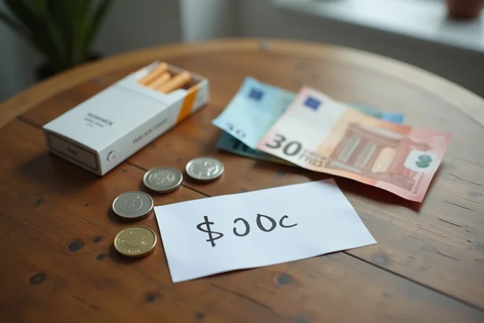 Vue de dessus d'un paquet de cigarettes posé avec des billets en euros et des pièces en francs suisses sur une table en bois