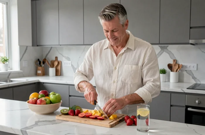 Homme préparant un petit-déjeuner sain à base de fruits frais dans une cuisine moderne pour prendre soin de sa santé au quotidien