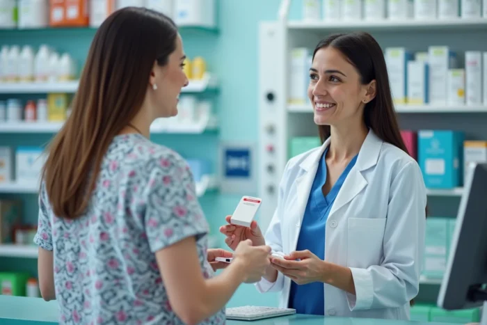 Pharmacienne remettant une boîte de Cariban à une femme enceinte au comptoir de la pharmacie