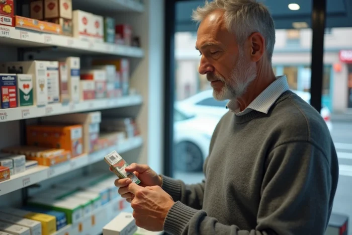 Homme suisse achetant un paquet de cigarettes au comptoir d'un kiosque à Zurich, tenant des euros et des francs suisses