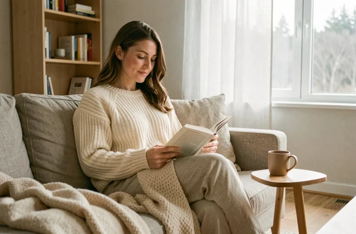 Femme se relaxant sur un canapé avec un livre et une tasse de thé dans un salon minimaliste scandinave pour favoriser son bien-être mental