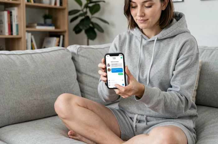 Femme consultant une confirmation de remboursement Halara sur son smartphone depuis son canapé
