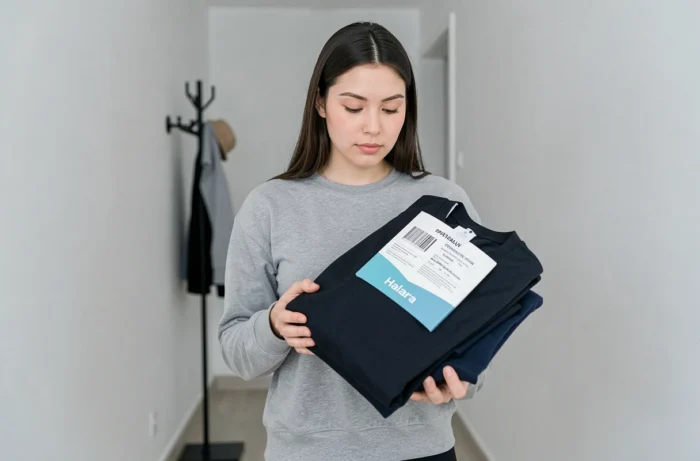 Jeune femme préparant un retour de commande Halara avec étiquette prépayée et vêtements pliés dans le couloir