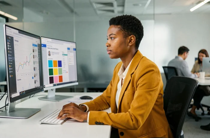 Professionnelle du marketing digital travaillant seule sur des stratégies de tendances et des analyses de réseaux sociaux dans un bureau épuré et moderne
