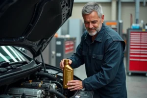 Technicien automobile versant de l'huile moteur 5W50 dans le compartiment moteur d'une berline moderne en atelier