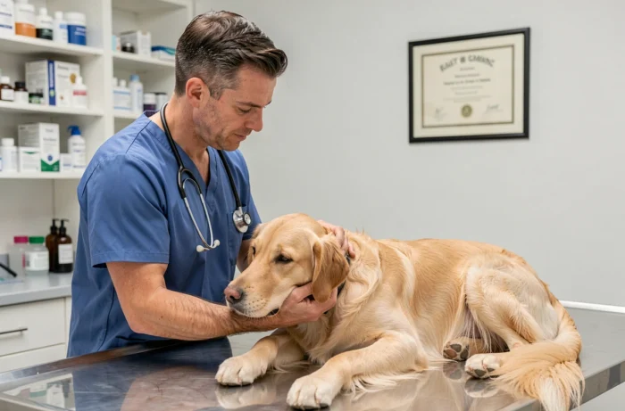 Vétérinaire examinant un golden retriever dans une clinique animale moderne