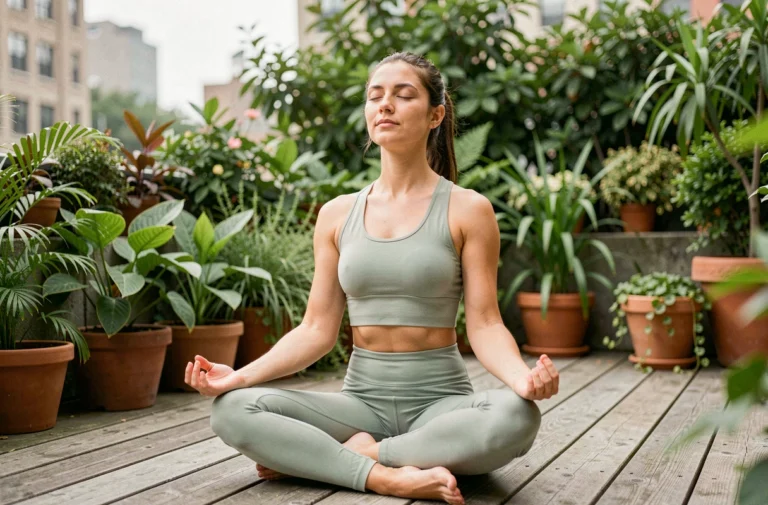 Femme pratiquant le yoga sur une terrasse en bois entourée de plantes vertes pour améliorer son bien-être quotidien